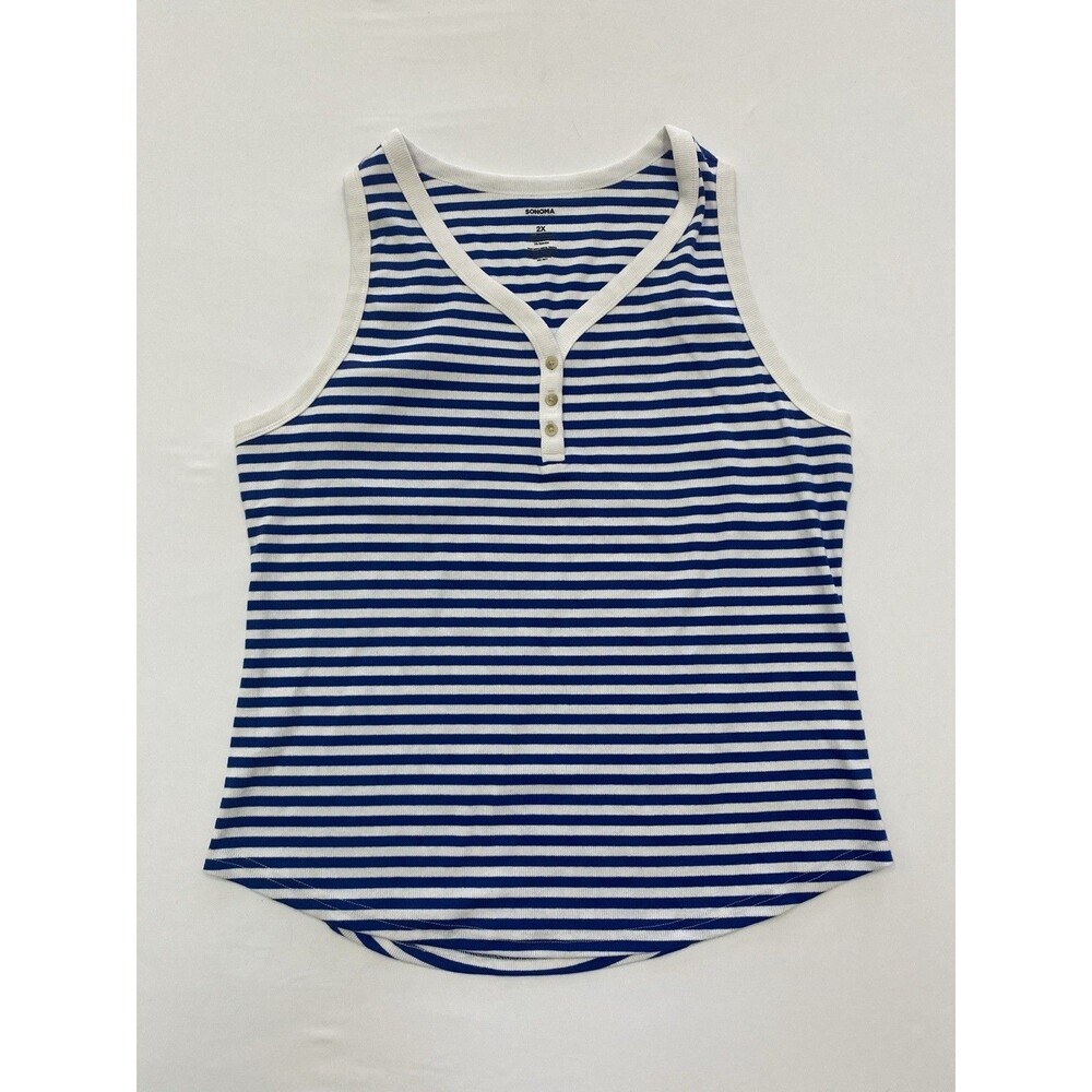 Sonoma Striped Ribbed Tank Top 2X Blue White Henley Sleeveless Summer Shirt